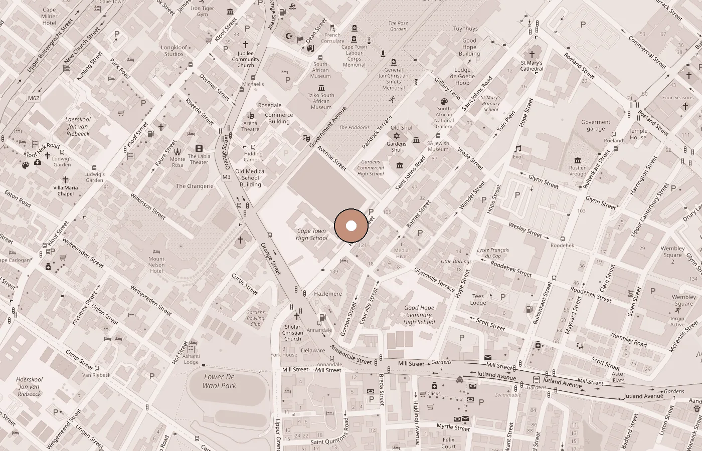 Street map of Gardens, Cape Town, with a copper pin on The Capital Hotel 15 On Orange at Orange Street and Grey's Pass